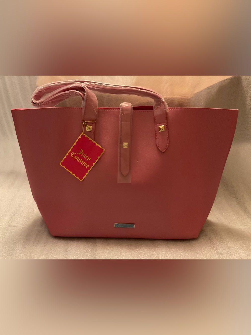 NWT Juicy Couture XL Metallic Pink Tote Shopper Gold Studs Y2K Barbie